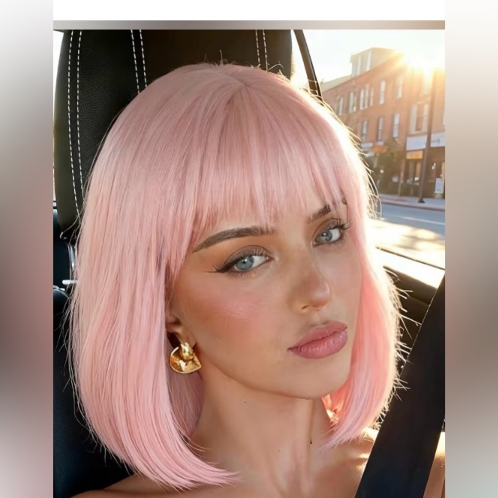 Light Pink Straight Bob Wig With Bangs
